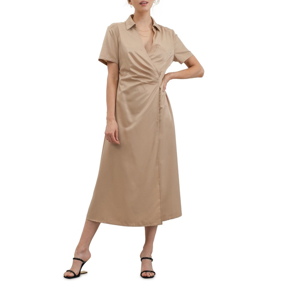 Zoe and Claire Women Tan Metallic Wrap Front Midi Dress Short Sleeve Collar L